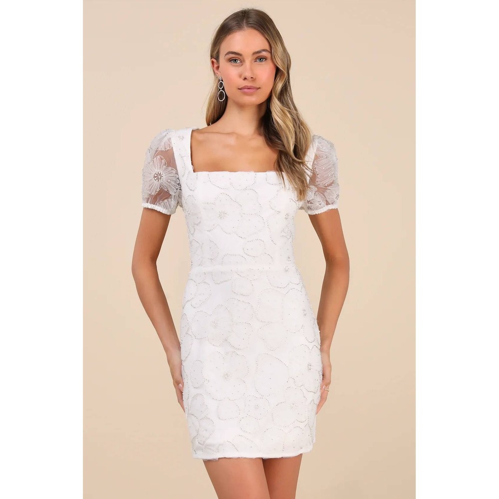 Lulus Tarabya White 3D Floral Beaded Mini Dress Size XS